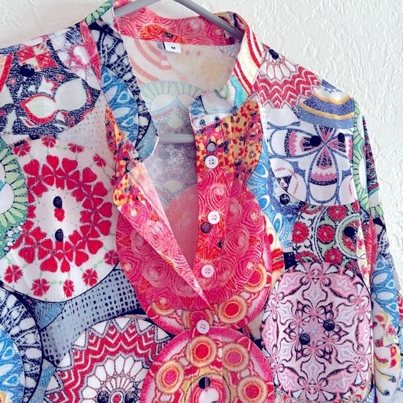 Boho bright blouse 3/4 button down size M - Picture 2 of 6